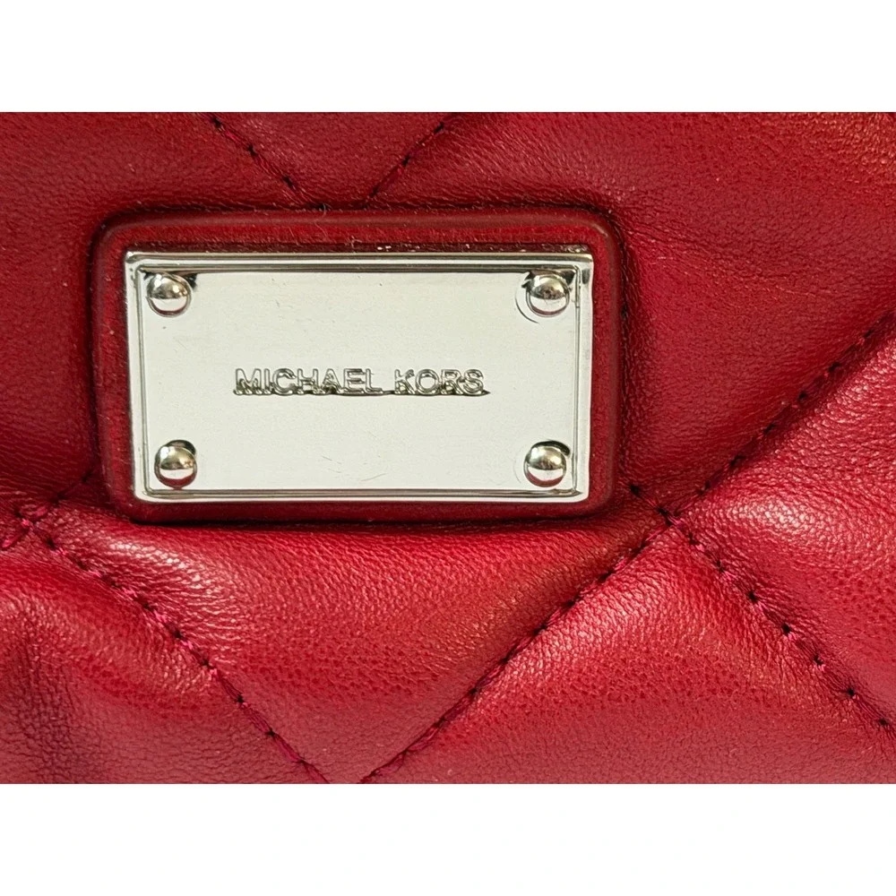 Michael Kors Red Quilted Leather Chain Pouch Clutch Wristlet Silver Hardware